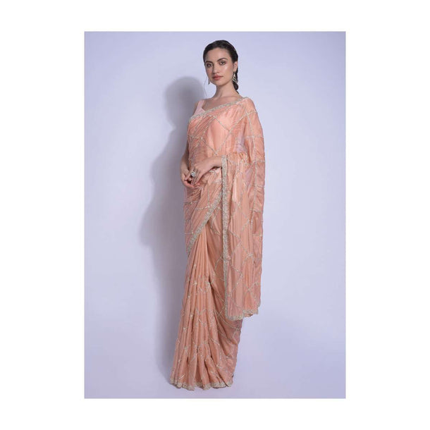 Shrimp Peach Saree Embellished With Checks And Floral Pattern Online - Kalki Fashion