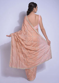 Shrimp Peach Saree Embellished With Checks And Floral Pattern Online - Kalki Fashion