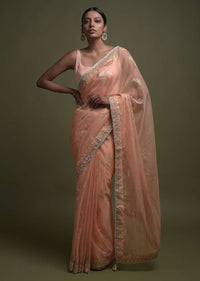 Shrimp Peach Saree In Organza With Foil Printed Floral Buttis And Gotta Lace On The Border Online - Kalki Fashion