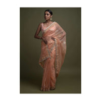 Shrimp Peach Saree In Organza With Foil Printed Floral Buttis And Gotta Lace On The Border Online - Kalki Fashion