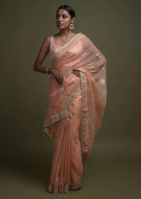 Shrimp Peach Saree In Organza With Foil Printed Floral Buttis And Gotta Lace On The Border Online - Kalki Fashion