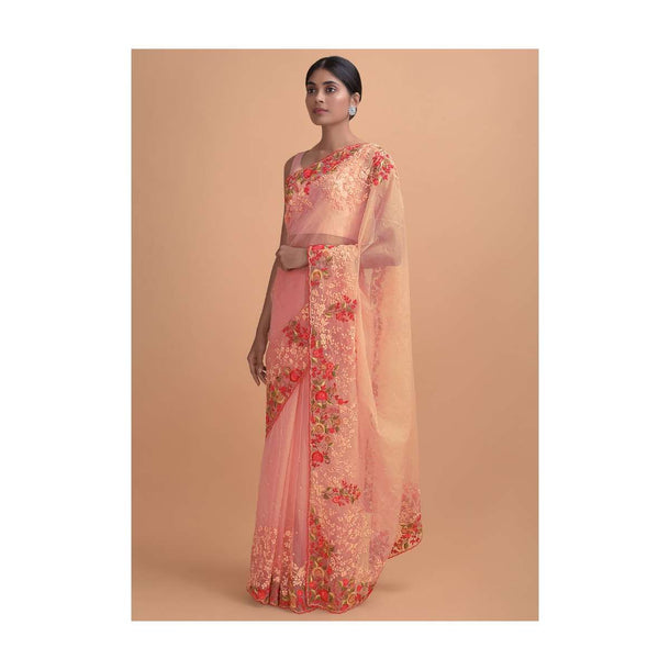 Shrimp Peach Saree In Organza With Thread And Pearls Work In Floral Pattern Online - Kalki Online