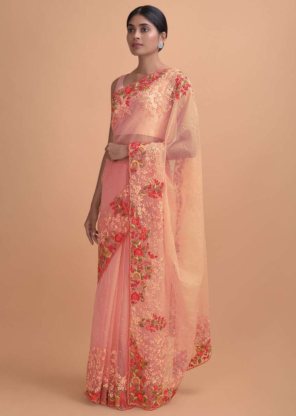 Shrimp Peach Saree In Organza With Thread And Pearls Work In Floral Pattern Online - Kalki Online