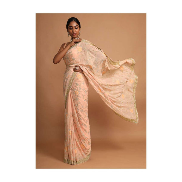 Shrimp Peach Saree In Shimmer Georgette With Appliqued Flowers And Zari Embroidered Floral Jaal Online - Kalki Fashion