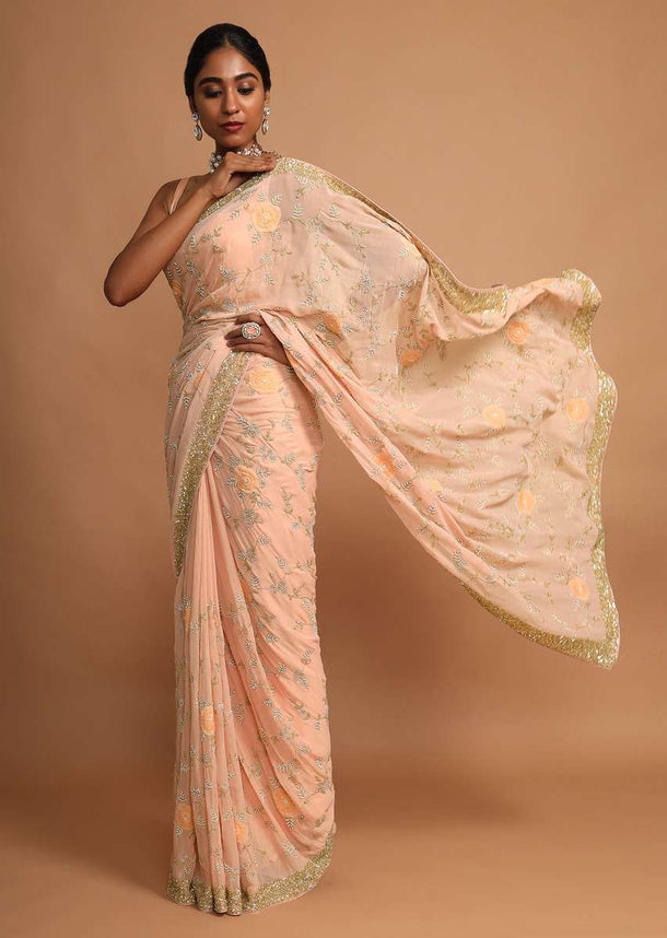 Shrimp Peach Saree In Shimmer Georgette With Appliqued Flowers And Zari Embroidered Floral Jaal Online - Kalki Fashion