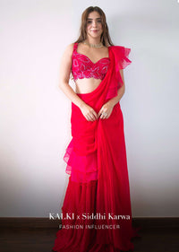 Hot Pink Ready Pleated Saree In Crepe With Ruffle Frill On The Pallu And Beads Embroidered Crop Top And Belt