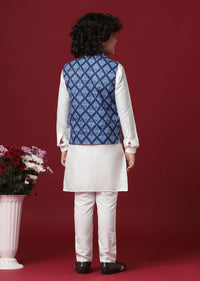 Silk Printed Jacket Kurta Set in Blue