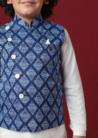 Silk Printed Jacket Kurta Set in Blue