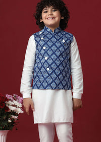 Silk Printed Jacket Kurta Set in Blue