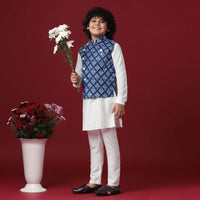 Silk Printed Jacket Kurta Set in Blue