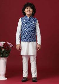 Silk Printed Jacket Kurta Set in Blue