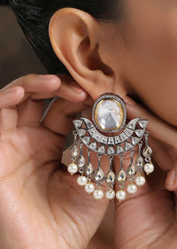 Silver And Gold Earrings With Victorian Polki And Dangling Shell Pearls By Paisley Pop
