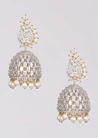 Silver And Gold Plated Jhumkas With Crystals And Dangling Pearls Online - Kalki Fashion