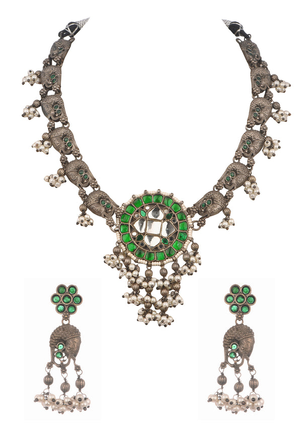 Silver And Green Oxidized Ethnic Boho Necklace Set In Mix Metal