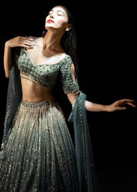 Silver And Mineral Green Shaded Sequins Lehenga With Mineral Green Hand Embroidered Choli Having Keyhole Sleeves Online - Kalki Fashion