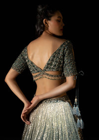 Silver And Mineral Green Shaded Sequins Lehenga With Mineral Green Hand Embroidered Choli Having Keyhole Sleeves Online - Kalki Fashion