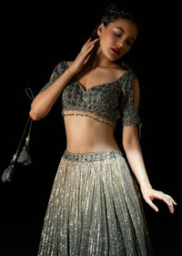 Silver And Mineral Green Shaded Sequins Lehenga With Mineral Green Hand Embroidered Choli Having Keyhole Sleeves Online - Kalki Fashion
