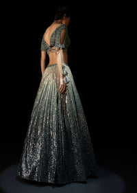 Silver And Mineral Green Shaded Sequins Lehenga With Mineral Green Hand Embroidered Choli Having Keyhole Sleeves Online - Kalki Fashion