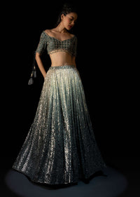 Silver And Mineral Green Shaded Sequins Lehenga With Mineral Green Hand Embroidered Choli Having Keyhole Sleeves Online - Kalki Fashion