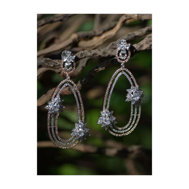 Silver And Rose Gold Plated Contemporary Earrings With Crystal Embellished Flowers