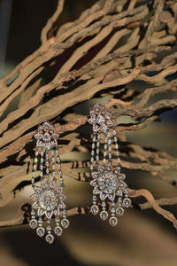 Silver And Rose Gold Plated Earrings With Crystals And Stone Studded Modern Floral Design