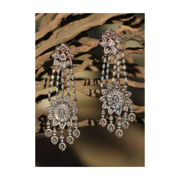 Silver And Rose Gold Plated Earrings With Crystals And Stone Studded Modern Floral Design