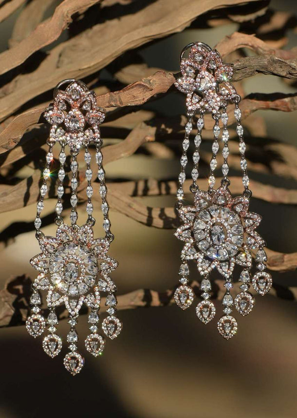 Silver And Rose Gold Plated Earrings With Crystals And Stone Studded Modern Floral Design