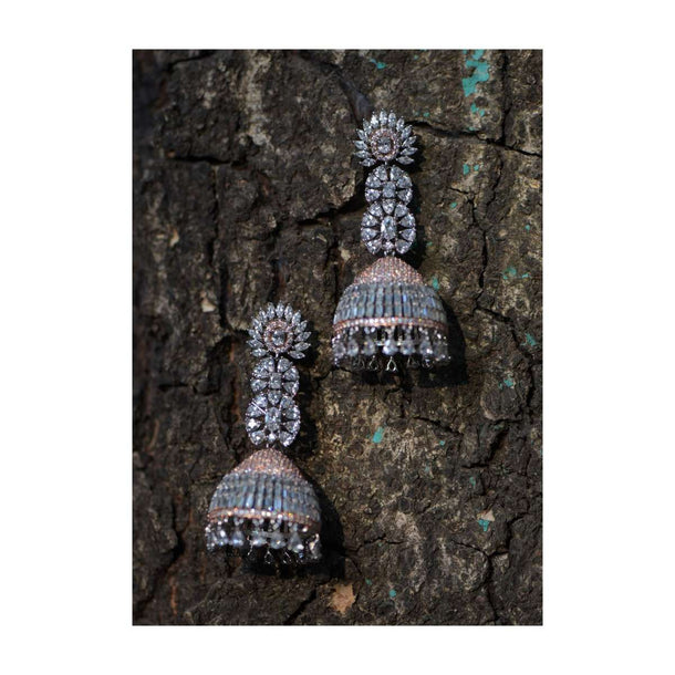 Silver And Rose Gold Plated Jhumkas Studded With Crystals And Bugle Beads In Modern Design