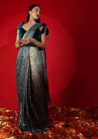 Silver And Teal Ombre Ready Pleated Saree Embellished In Sequins And Teal Blue Velvet Blouse With Tie Up Straps On The Shoulder Online - Kalki Fashion