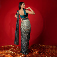 Silver And Teal Ombre Ready Pleated Saree Embellished In Sequins And Teal Blue Velvet Blouse With Tie Up Straps On The Shoulder Online - Kalki Fashion