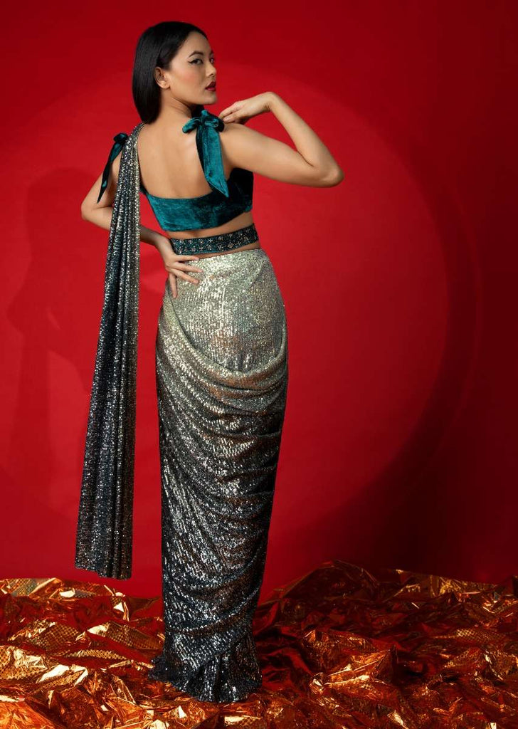 Silver And Teal Ombre Ready Pleated Saree Embellished In Sequins And Teal Blue Velvet Blouse With Tie Up Straps On The Shoulder Online - Kalki Fashion