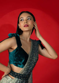 Silver And Teal Ombre Ready Pleated Saree Embellished In Sequins And Teal Blue Velvet Blouse With Tie Up Straps On The Shoulder Online - Kalki Fashion