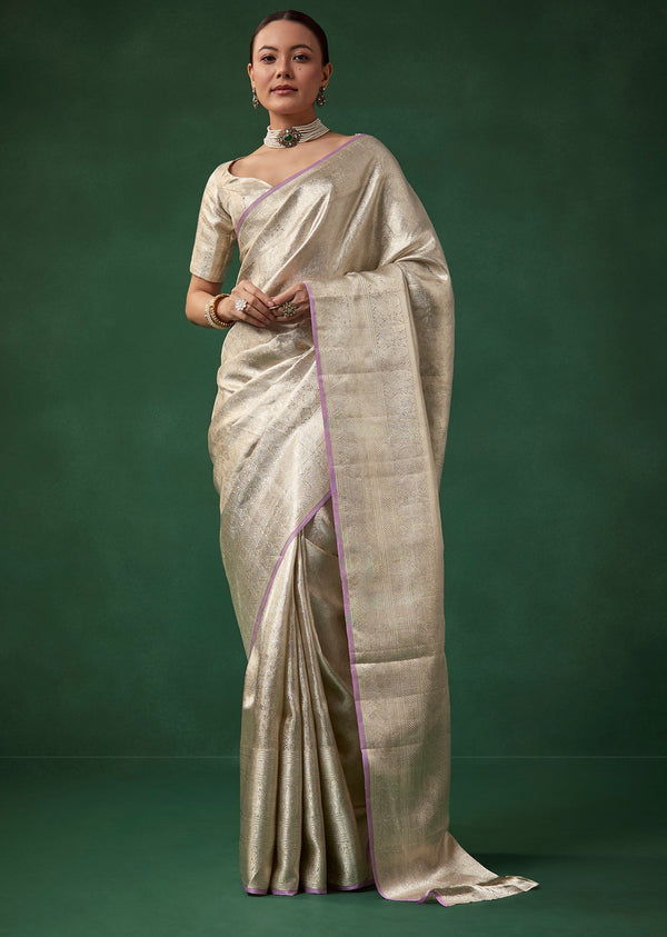Silver Banarasi Jacquard Weave Saree with Unstitched Blouse