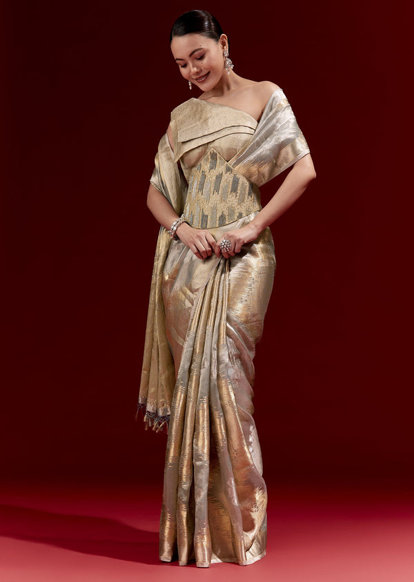 Silver Banarasi Tissue Saree With Golden Zari Geometric Weave And Embroidered Belt