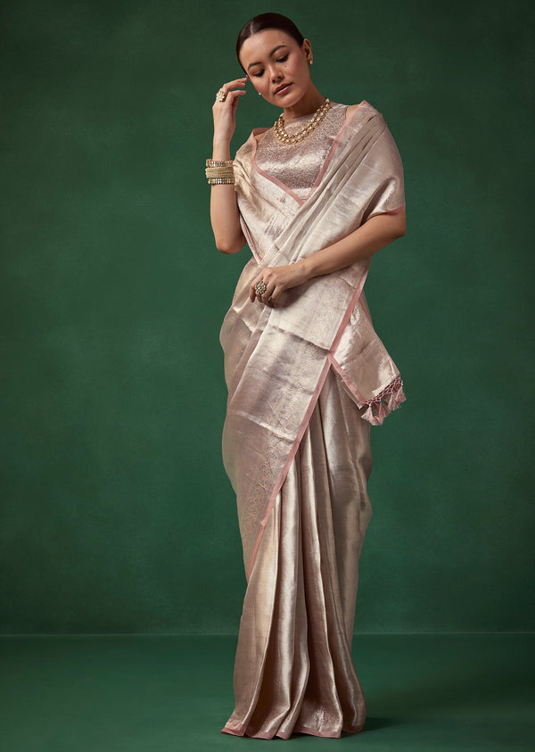 Silver Banarasi Tissue Silk Saree with Unstitched Blouse