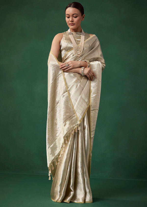 Silver Tissue Silk Woven Saree with Unstitched Brocade Blouse