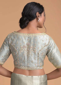 Silver Blue Blouse In Raw Silk With Zardosi And Gotta Patti Embroidered Floral Pattern Online - Kalki Fashion