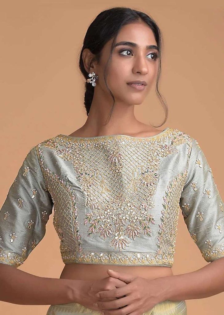 Silver Blue Blouse In Raw Silk With Zardosi And Gotta Patti Embroidered Floral Pattern Online - Kalki Fashion