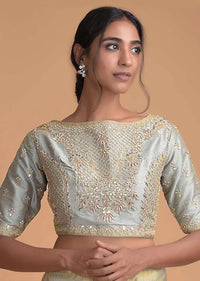 Silver Blue Blouse In Raw Silk With Zardosi And Gotta Patti Embroidered Floral Pattern Online - Kalki Fashion