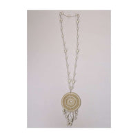 Silver chain string  pearl necklace with fabric based round pendant