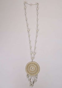 Silver chain string  pearl necklace with fabric based round pendant