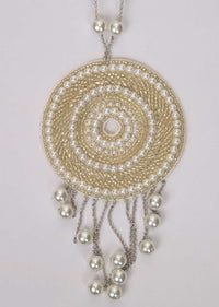 Silver chain string  pearl necklace with fabric based round pendant