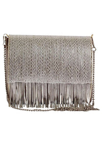 Silver Clutch In Suede With Chain Fringes Online - Kalki Fashion