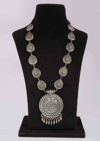 Silver coated oxidized long necklace with self carving all over only on Kalki