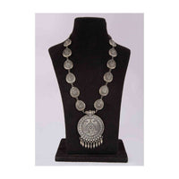 Silver coated oxidized long necklace with self carving all over only on Kalki