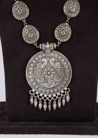 Silver coated oxidized long necklace with self carving all over only on Kalki