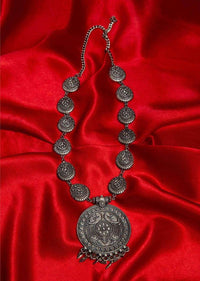 Silver coated oxidized long necklace with self carving all over only on Kalki