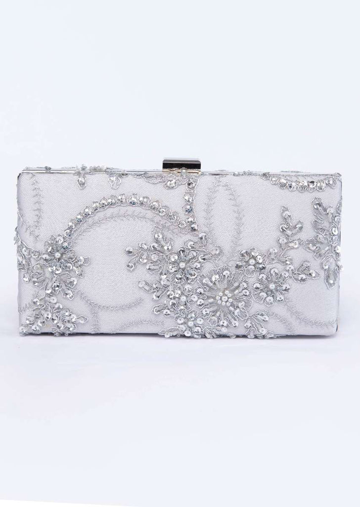 silver grey rectangular shaped embroidered sling clutch only on kalki