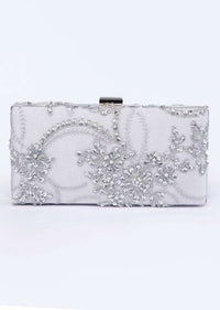 silver grey rectangular shaped embroidered sling clutch only on kalki