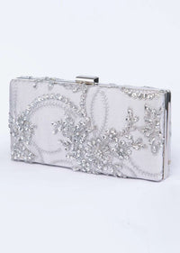 silver grey rectangular shaped embroidered sling clutch only on kalki